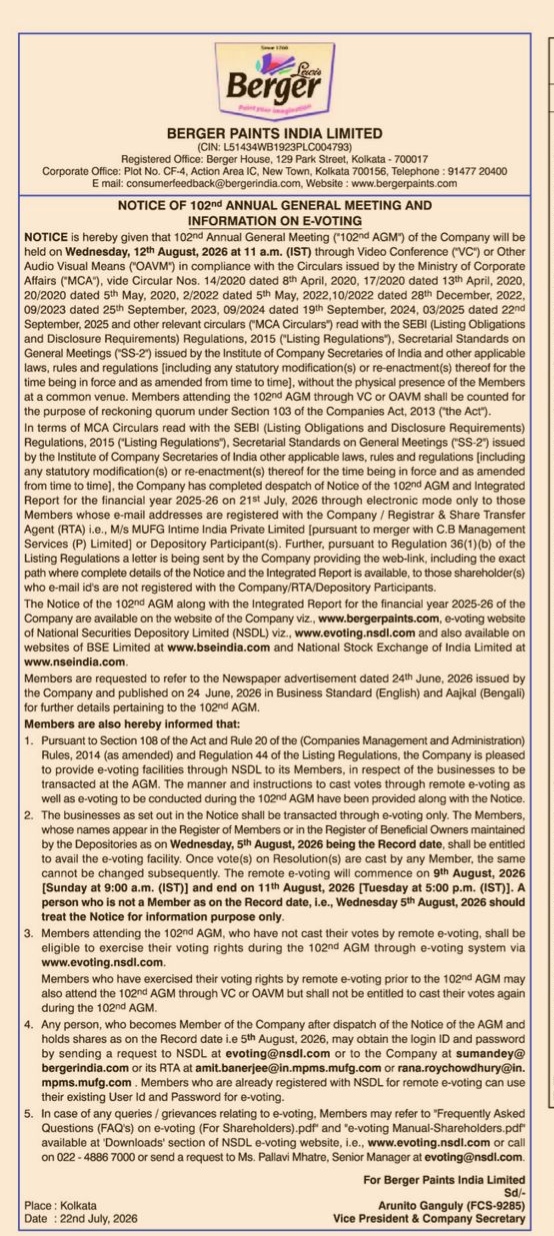 Notice of the 102nd Annual General Meeting and E-Voting Information for Berger Paints India Limited