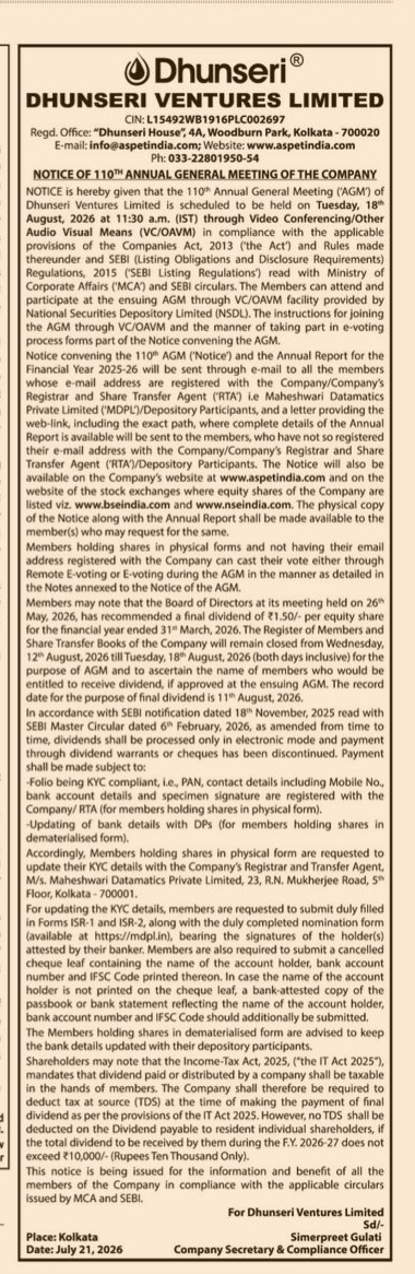 Notice of the 110th Annual General Meeting of Dhunseri Ventures Limited