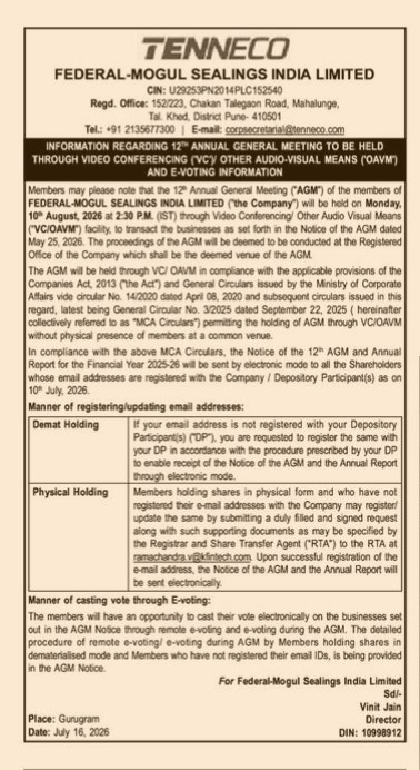 Notice of the 12th Annual General Meeting of Federal-Mogul Sealings India Limited