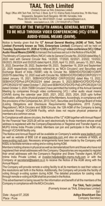 Notice of the 12th Annual General Meeting of TAAL Tech Limited
