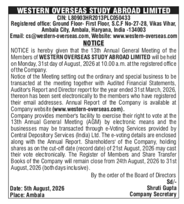 Notice of the 13th Annual General Meeting of Western Overseas Study Abroad Limited