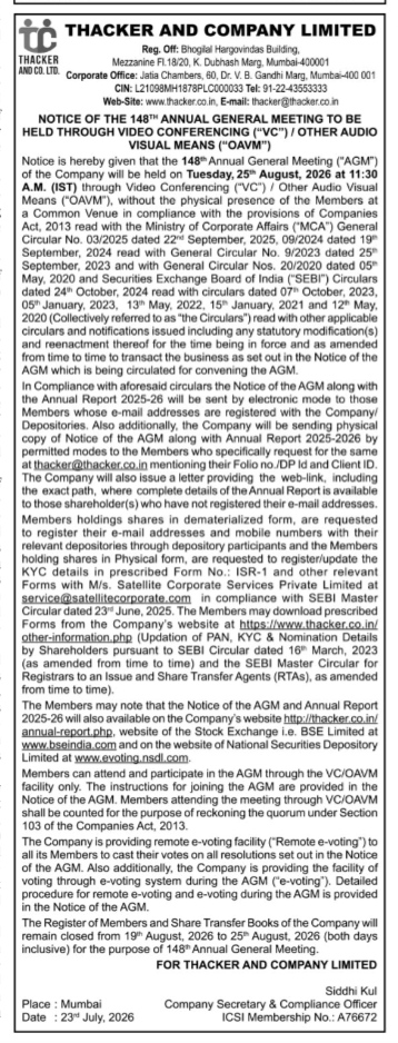 Notice of the 148th Annual General Meeting of Thacker and Company Limited