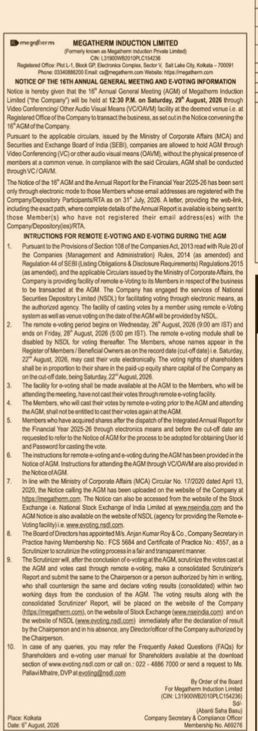 NOTICE OF THE 16TH ANNUAL GENERAL MEETING AND E-VOTING INFORMATION