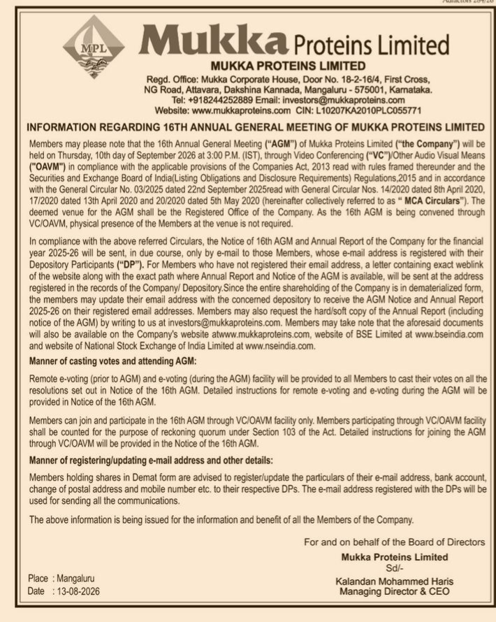 Notice of the 16th Annual General Meeting of Mukka Proteins Limited