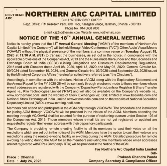 Notice of the 18th Annual General Meeting of Northern Arc Capital Limited