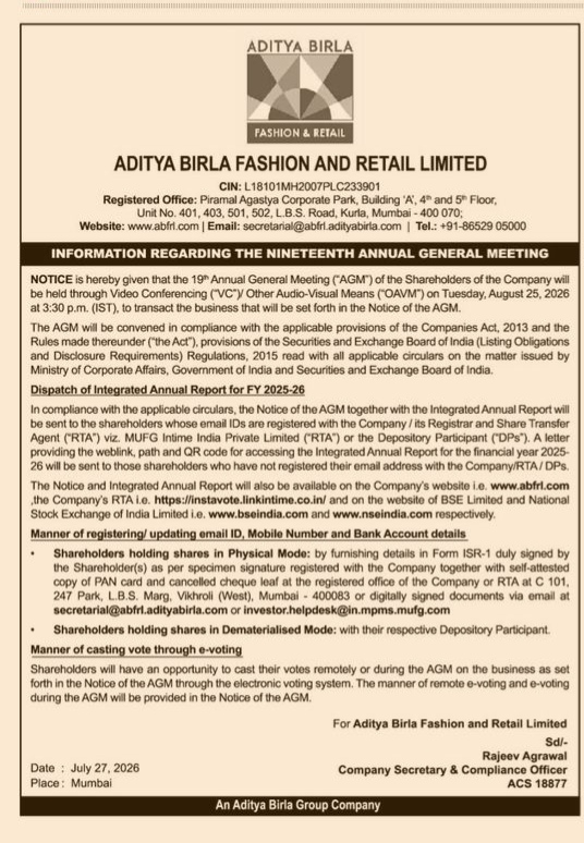 Notice of the 19th Annual General Meeting – Aditya Birla Fashion and Retail Limited