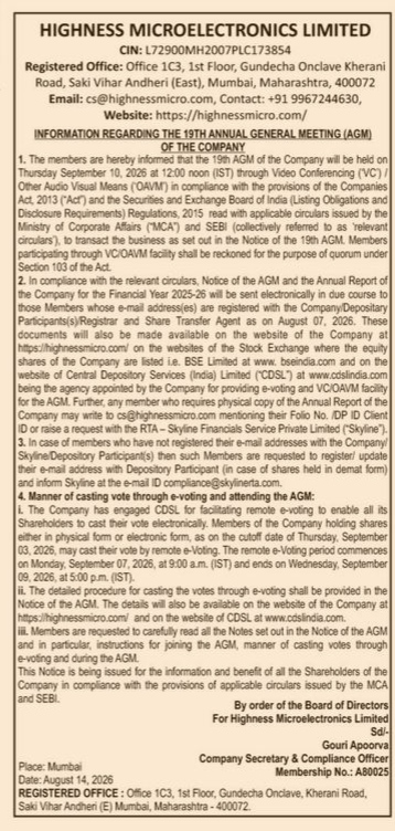 Notice of the 19th Annual General Meeting of Highness Microelectronics Limited