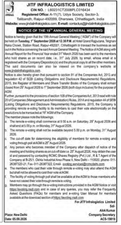 Notice of the 19th Annual General Meeting of JITF Infralogistics Limited