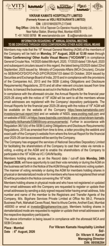 Notice of the 19th Annual General Meeting of Vikram Kamats Hospitality Limited