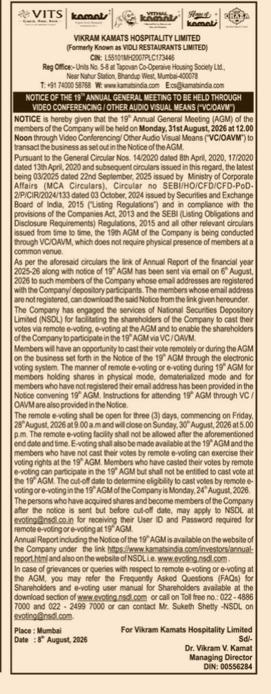 Notice of the 19th Annual General Meeting of Vikram Kamats Hospitality Limited