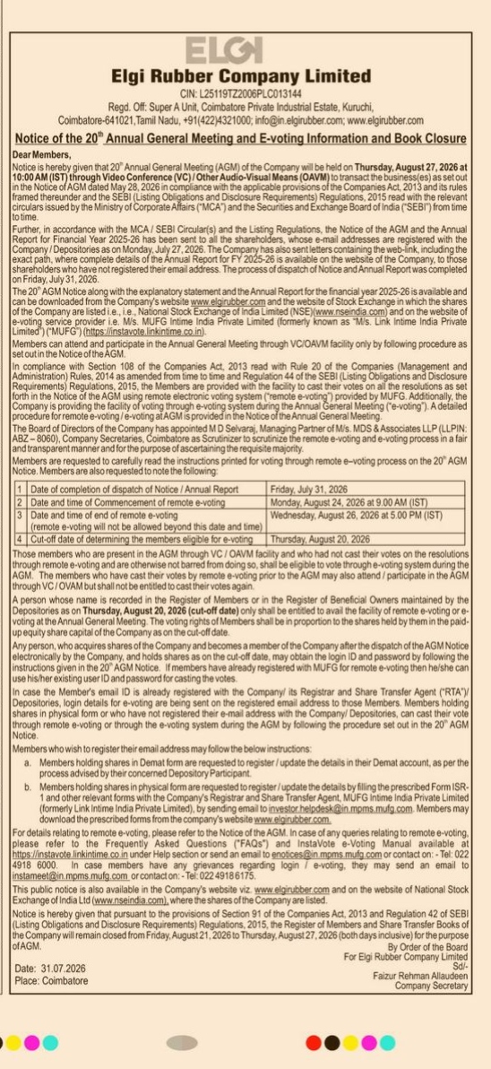 Notice of the 20th Annual General Meeting and E-voting Information