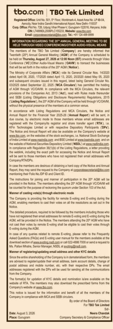 Notice of the 20th Annual General Meeting of TBO Tek Limited
