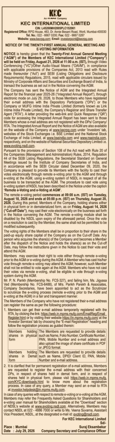 Notice of the 21st Annual General Meeting and E-Voting Information