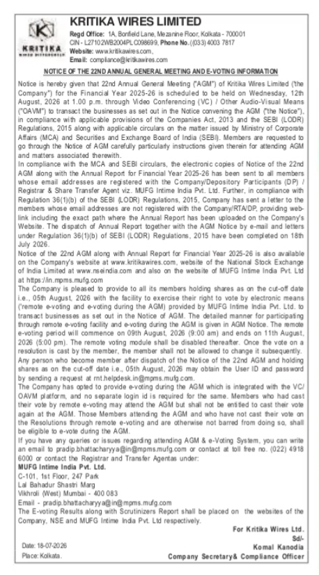 Notice of the 22nd Annual General Meeting and E-Voting Information