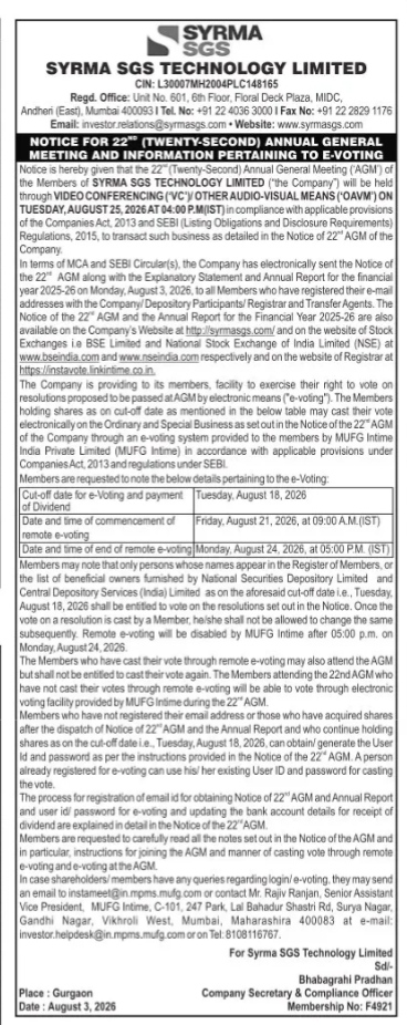 Notice of the 22nd Annual General Meeting of Syrma SGS Technology Limited