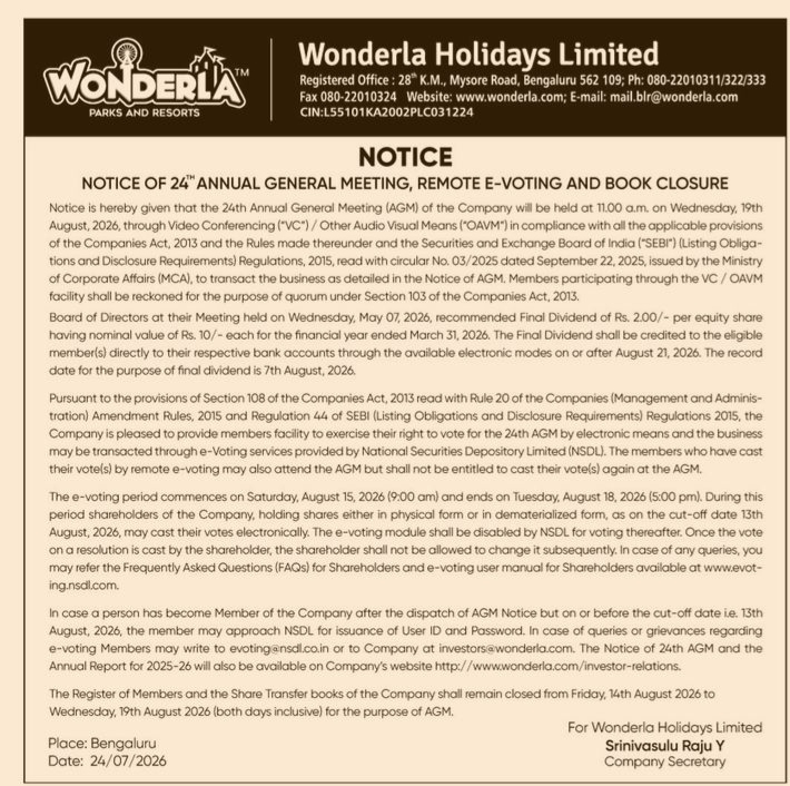 Notice of the 24th Annual General Meeting, Remote E-Voting, and Book Closure for Wonderla Holidays Limited