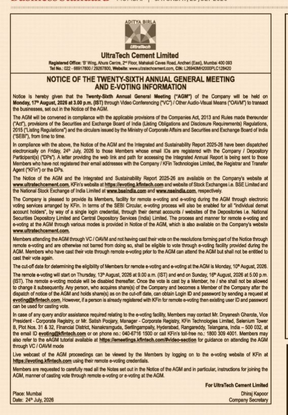 Notice of the 26th Annual General Meeting and E-Voting Information