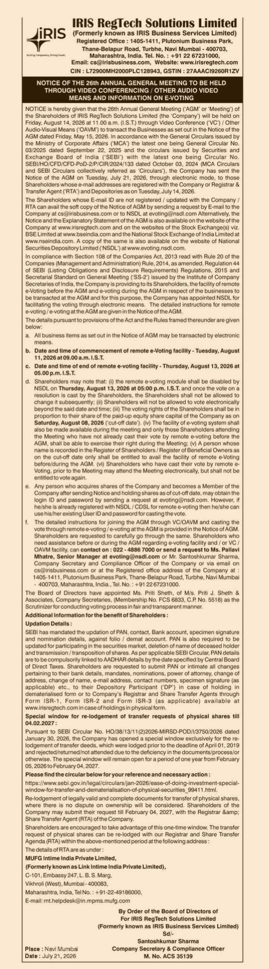 Notice of the 26th Annual General Meeting of IRIS RegTech Solutions Limited