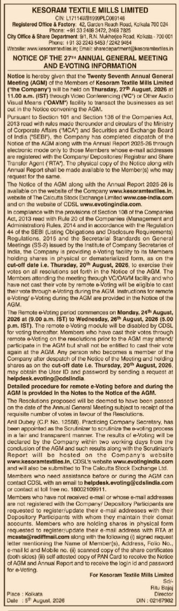 Notice of the 27th Annual General Meeting and E-Voting Information for Kesoram Textile Mills Limited
