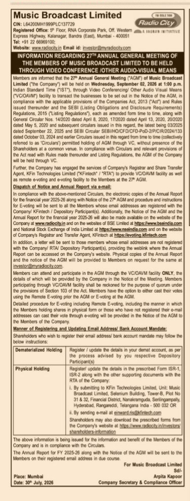 Notice of the 27th Annual General Meeting of Music Broadcast Limited