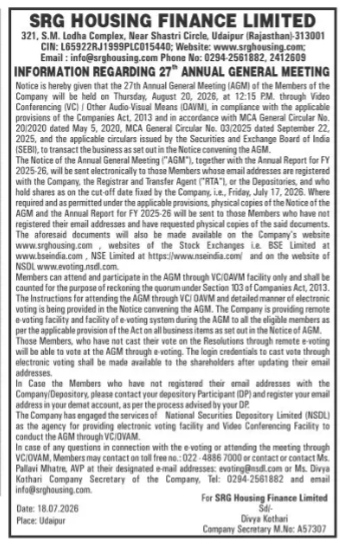 Notice of the 27th Annual General Meeting of SRG Housing Finance Limited