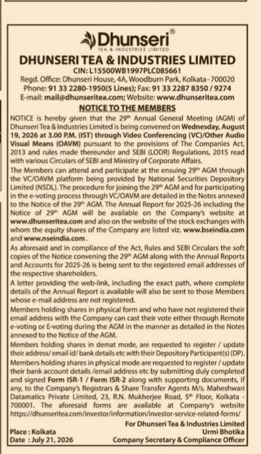 Notice of the 29th Annual General Meeting (AGM) of Dhunseri Tea & Industries Limited.