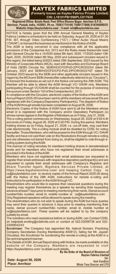 Notice of the 29th Annual General Meeting (AGM) of Kaytex Fabrics Limited