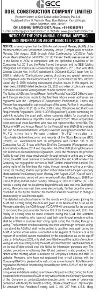 Notice of the 29th Annual General Meeting and Remote E-Voting of Goel Construction Company Limited