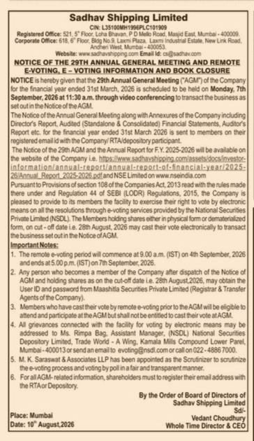 Notice of the 29th Annual General Meeting and Remote E-Voting (Sadhav Shipping Limited)
