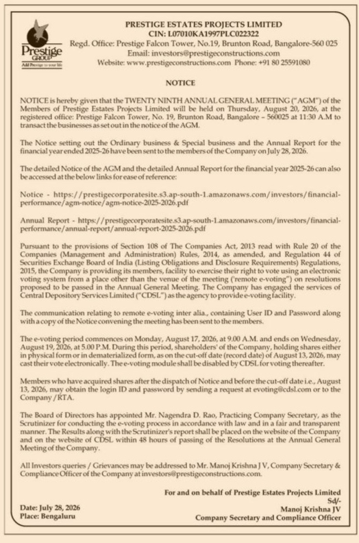 Notice of the 29th Annual General Meeting of Prestige Estates Projects Limited
