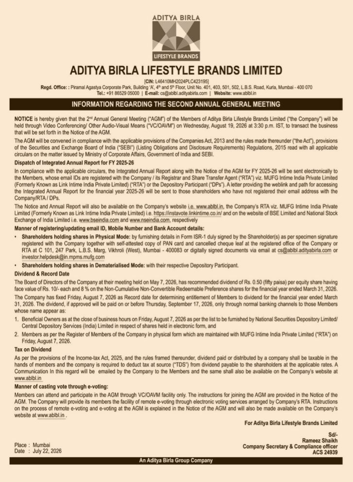 Notice of the 2nd Annual General Meeting - Aditya Birla Lifestyle Brands Limited