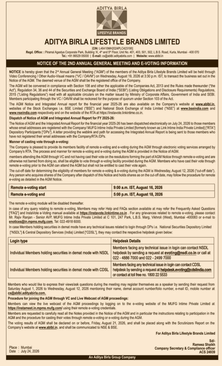 Notice of the 2nd Annual General Meeting and E-Voting Information for Aditya Birla Lifestyle Brands Limited