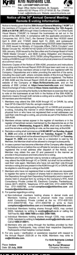 Notice of the 30th Annual General Meeting and Remote E-voting Information for Kriti Nutrients