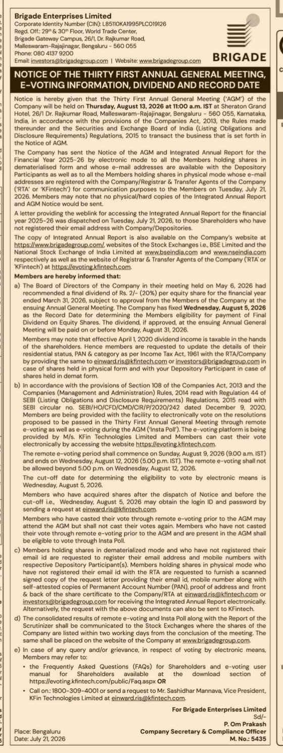 Notice of the 31st AGM and E-Voting Information