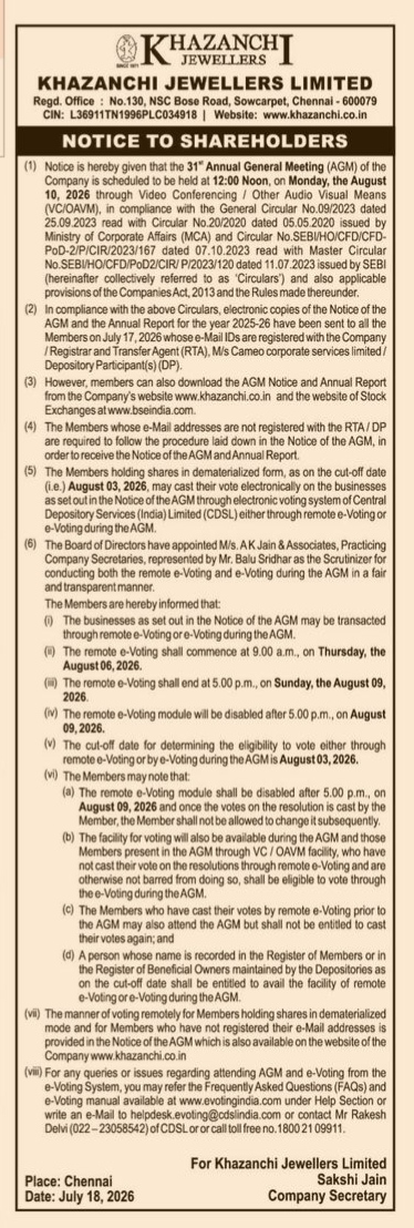 Notice of the 31st Annual General Meeting (AGM) — Khazanchi Jewellers Limited