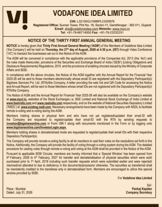Notice of the 31st Annual General Meeting (AGM) of Vodafone Idea Limited