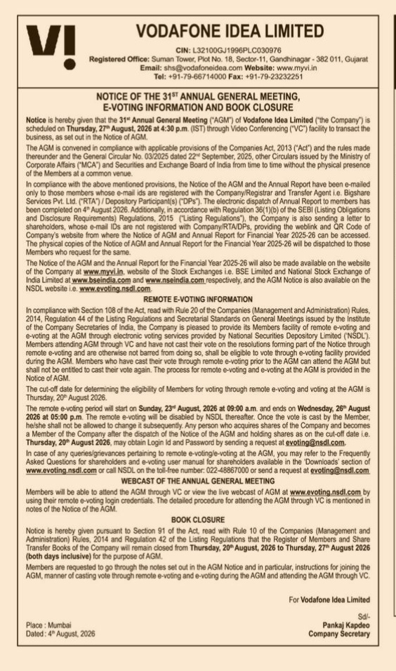 Notice of the 31st Annual General Meeting, E-Voting Information and Book Closure for Vodafone Idea Limited