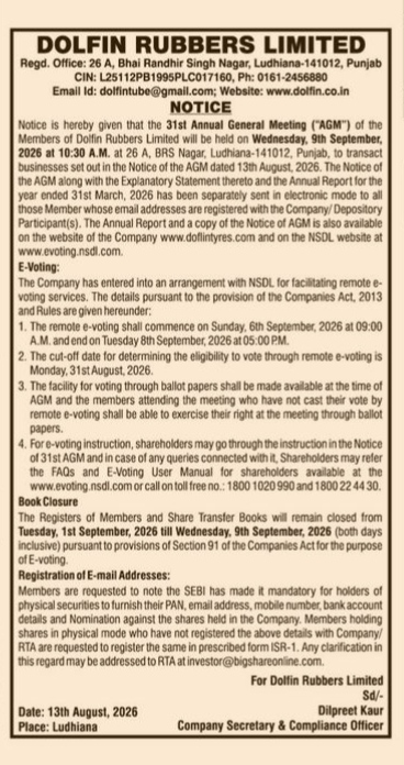 Notice of the 31st Annual General Meeting of Dolfin Rubbers Limited