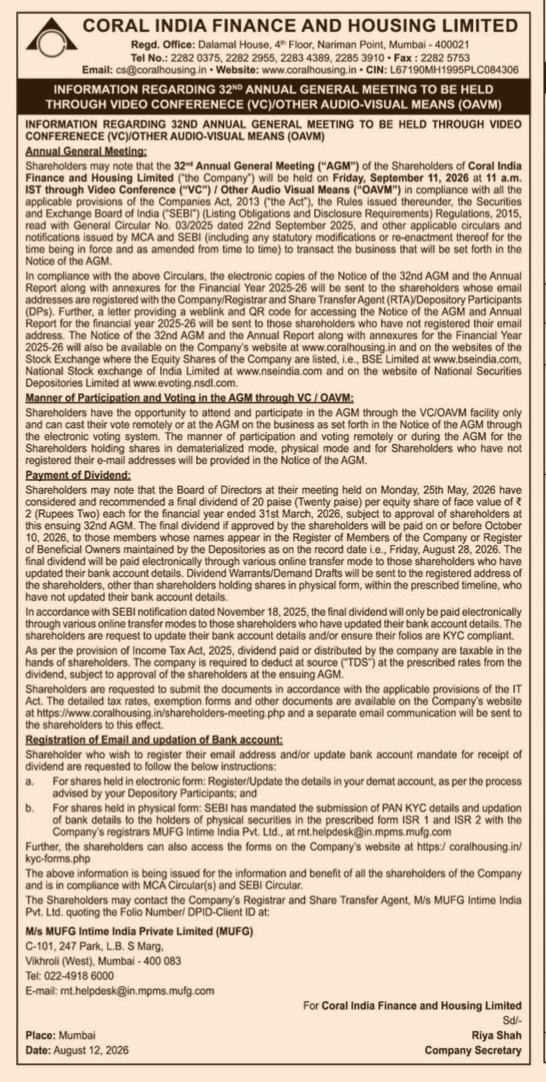Notice of the 32nd Annual General Meeting and Dividend Payment of Coral India Finance and Housing Limited