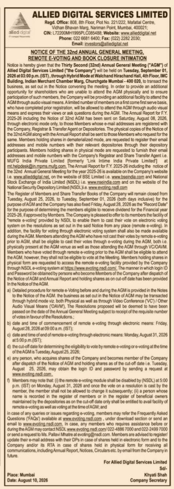 Notice of the 32nd Annual General Meeting of Allied Digital Services Limited