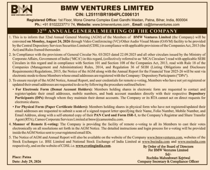 Notice of the 32nd Annual General Meeting of BMW Ventures Limited