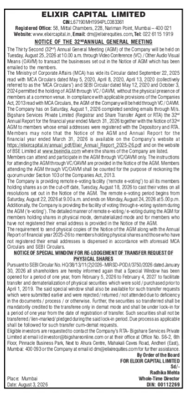 Notice of the 32nd Annual General Meeting of Elixir Capital Limited