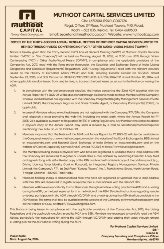 Notice of the 32nd Annual General Meeting of Muthoot Capital Services Limited
