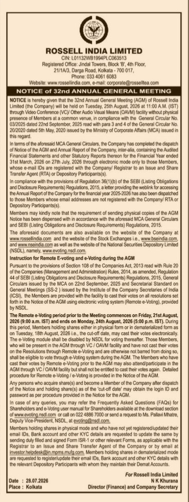 Notice of the 32nd Annual General Meeting of Rossell India Limited