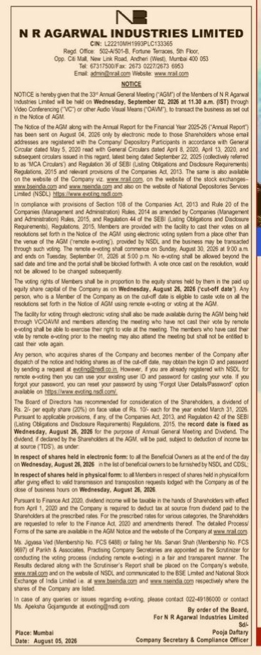 Notice of the 33rd Annual General Meeting of N R Agarwal Industries Limited
