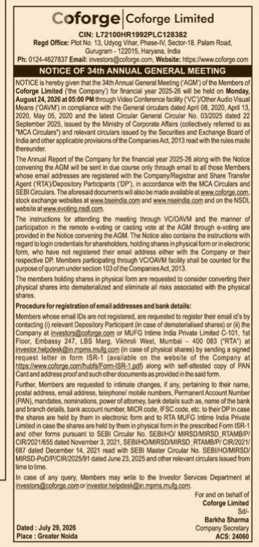 Notice of the 34th Annual General Meeting of Coforge Limited