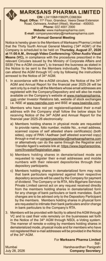 Notice of the 34th Annual General Meeting of Marksans Pharma Limited
