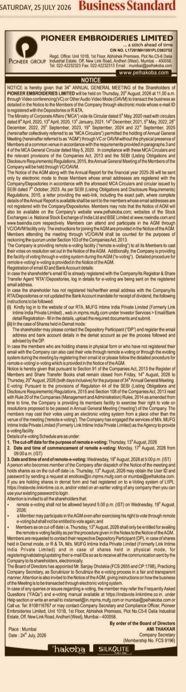 Notice of the 34th Annual General Meeting of Pioneer Embroideries Limited