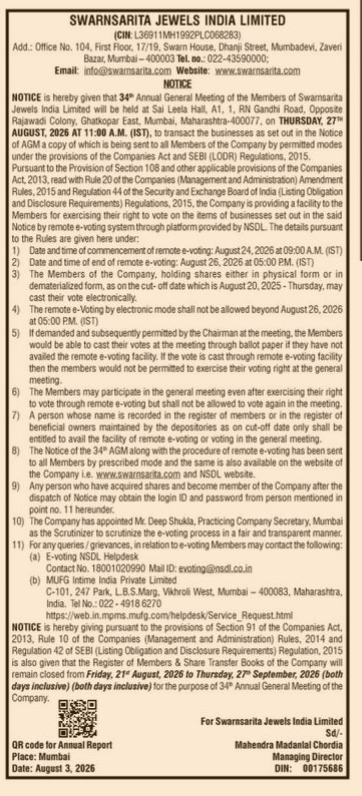 Notice of the 34th Annual General Meeting of Swarnsarita Jewels India Limited