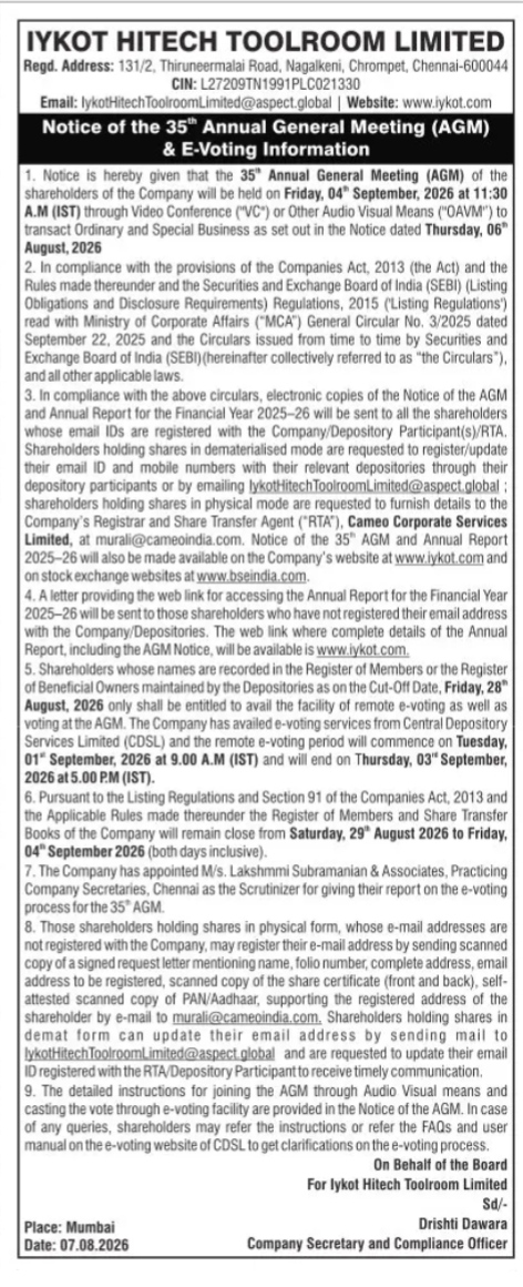 Notice of the 35th Annual General Meeting (AGM) & E-Voting Information for Iykot Hitech Toolroom Limited.